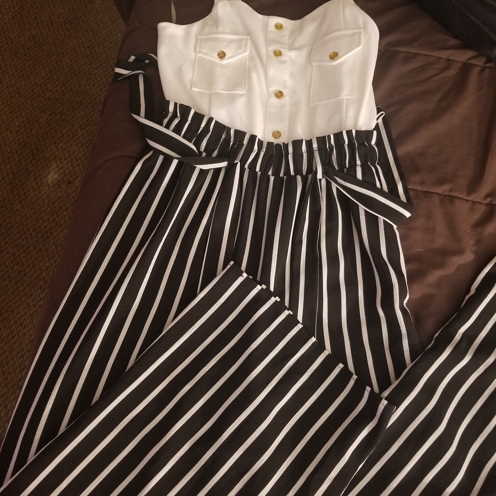 Black and White Striped Jumpsuit with Gold Buttons